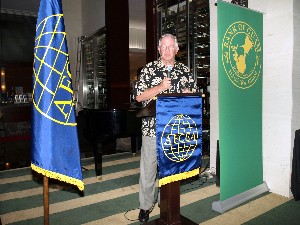 Lt. Gen. John A. Dubia, USA (Ret.), executive vice president of AFCEA International, addresses the chapter at a reception held in his honor in July.